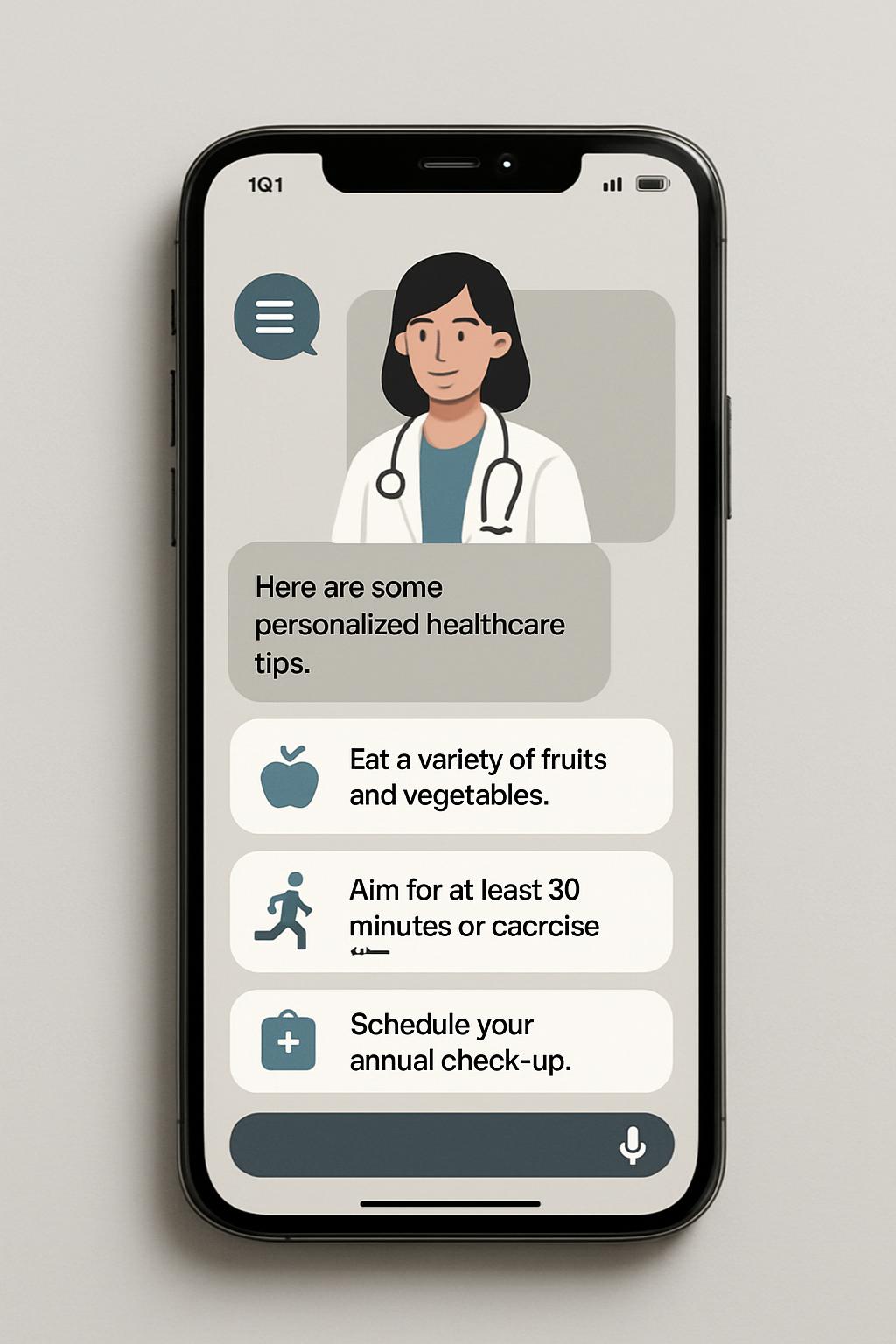 A smartphone displaying a healthcare tips app on its screen, with a cartoon illustration of a female doctor and a text bub...