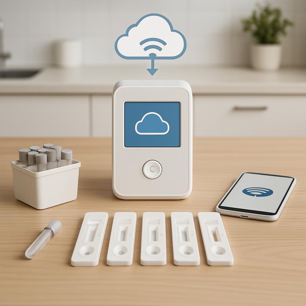 Device with clouds icon, smartphone with Wi-Fi symbol icon, test kits, and containers of pills on a beige table.