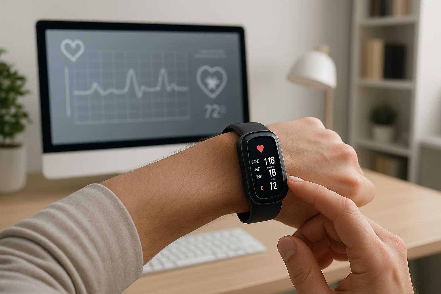 Man sitting at a desk looking at a smartwatch displaying heart rate and other health metrics.