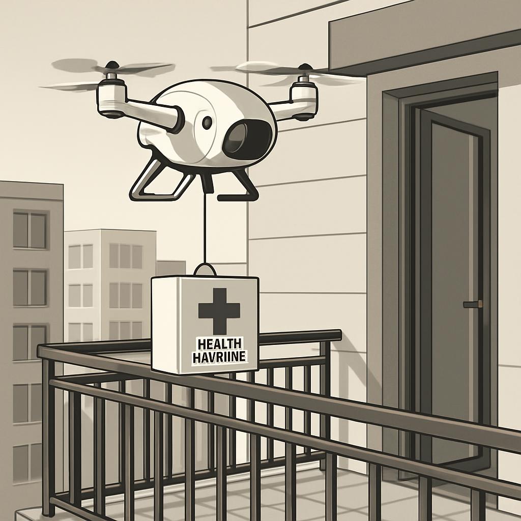 An aerial view of a depositing robot delivering a health kit, potentially to a hospital --