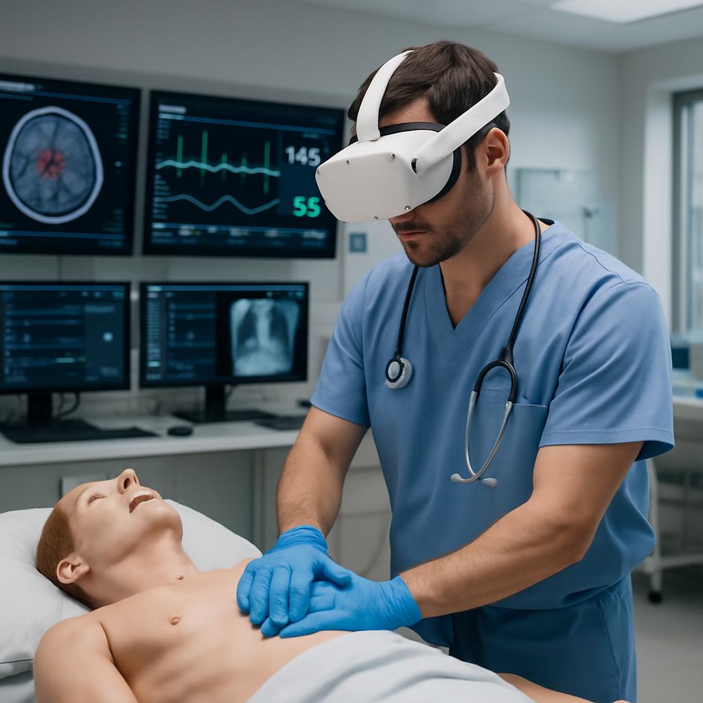 A male doctor attends to a mannequin, seemingly in a hospital setting. He wears blue scrubs and a white VR headset, gloves...
