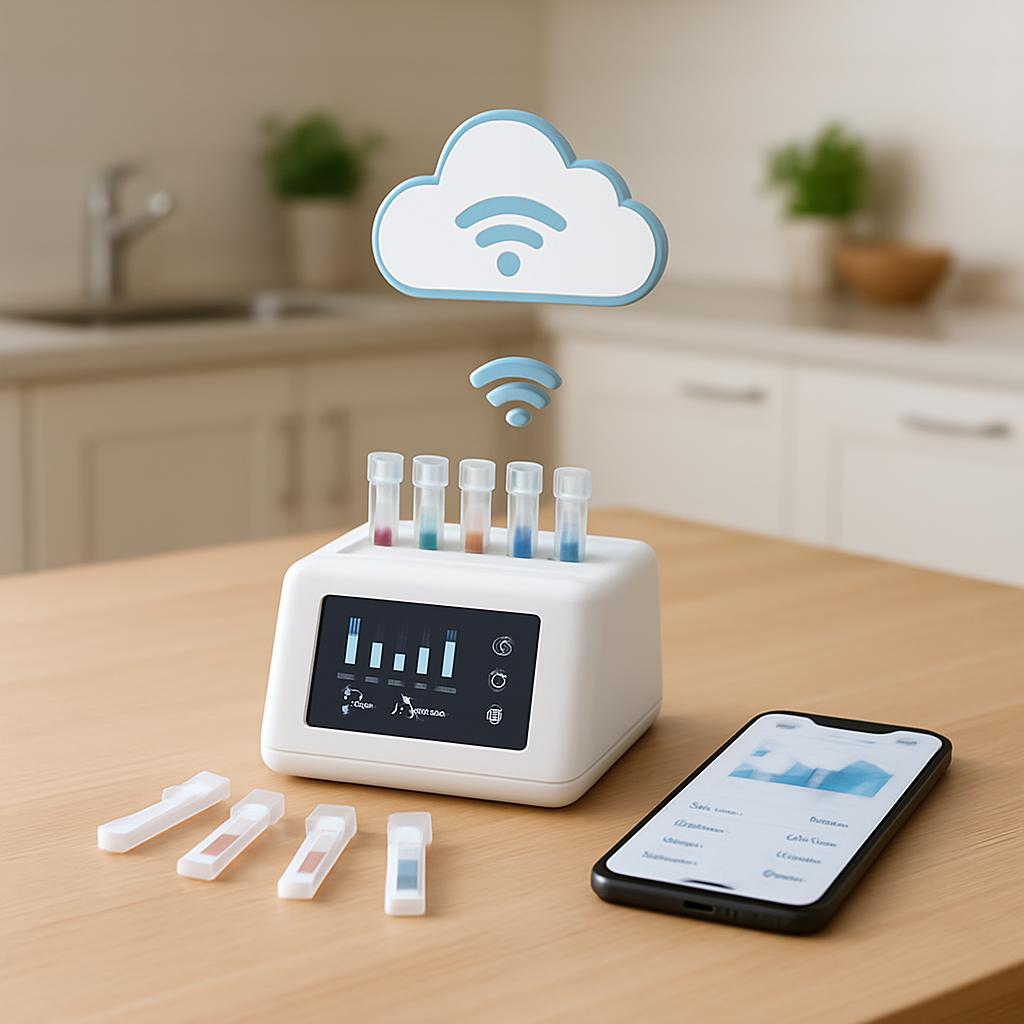 The image depicts a white device with a black screen on a wooden table, next to a smartphone and test tubes. The device fe...
